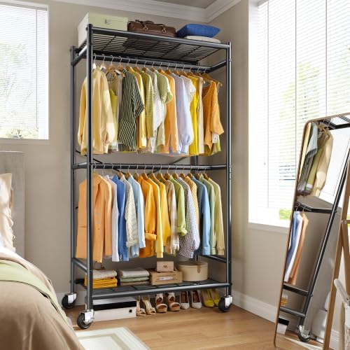 Raybee Clothes Rack, Rolling Portable Closet with Wheels, Double Rod 308LBS - Image 2