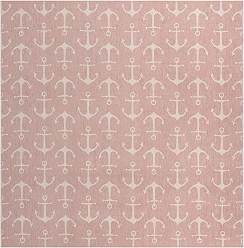 Unique Loom Outdoor Coastal Collection Area Rug - Ahoy (13' Square, Pink/ Ivory) - Image 2