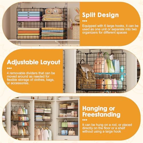 Hanging Closet Organizer with DIY Spacing, Double-Row Closet Hanging Shelves with 4 Adjustable Dividers & 6 Hooks, Heavy Duty Metal Closet Storage Organizer with Front Guard, Split into 2 Units - Image 3