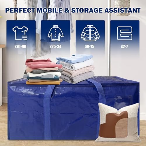 12 Pack Extra Heavy Duty Large Moving Bags with Strong Zipper & Carrying Handles, Sturdy Clothes Storage Bag Totes Bins, Packing Bags Moving Boxes College Moving Supplies, Dark Blue - 40 gal - Image 6