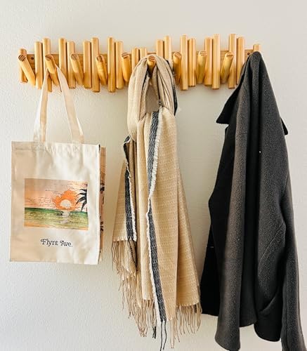 Modern Wooden Wall Mounted Coat Rack, 5-Hooks, Decorative Wall Hooks for Purse, Bags & Hats, Heavy Duty, Sturdy, Natural Pine Wood, Pull Down Hooks, Easy to Install by FlyntAve