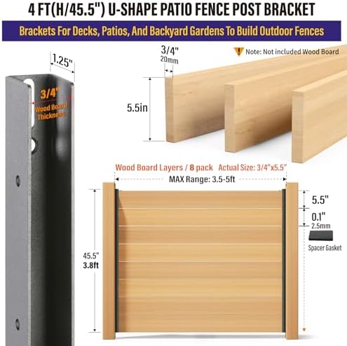 Hulave 2-Pack 4FT U-Shaped Metal Fence Posts (45.5" Height), No-Dig Hard Surface Mount for Privacy Fences, Garden, AC Units, Pool Equipment, and Trash Can Enclosures-Matte Black - Image 2