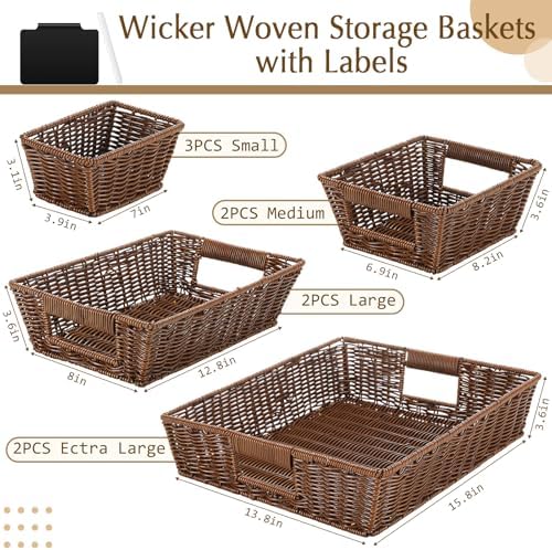 Marsui 9 Pcs Wicker Storage Baskets for Pantry Organization with Handle Labels Handwoven Multi-size Dark Brown Small Organizer Baskets Storage Bin Container for Shelves Closet Toilet Christmas Holiday - Image 2