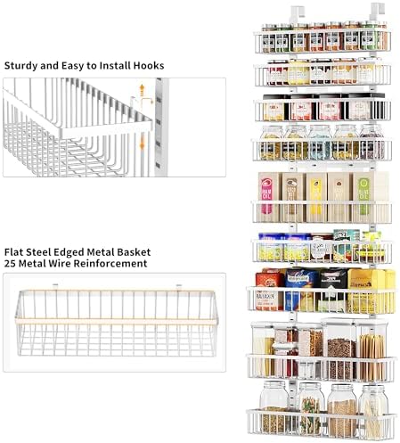 Moforoco 9-Tier White Over The Door Pantry Organizer, Pantry Organization and Storage, Black Hanging Basket Wall Spice Rack Seasoning Shelves, Home & Kitchen Bedroom Bathroom House Essentials - Image 2