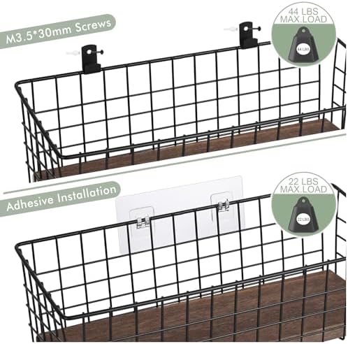 Wall Hanging Baskets, 3 Wooden Wire Bins with Hooks & Adhesive Mount(Extra) - Image 3