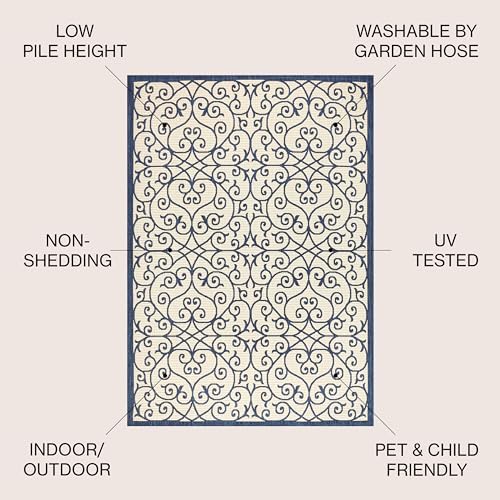 Eyely Filigree Textured Weave Area Rug 8X10 Navy/Beige, Indoor Outdoor Rug - Image 2