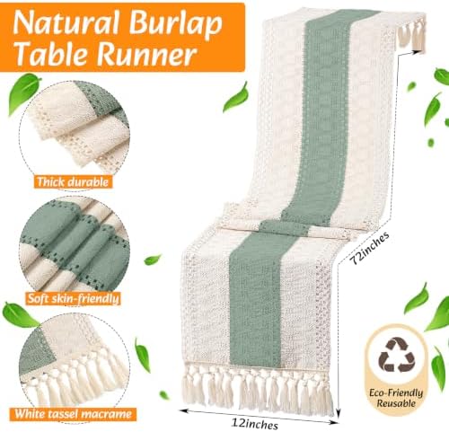 4 Sets Boho Placemat Table Runner Napkin Rings, Green, 12x72 - Image 4