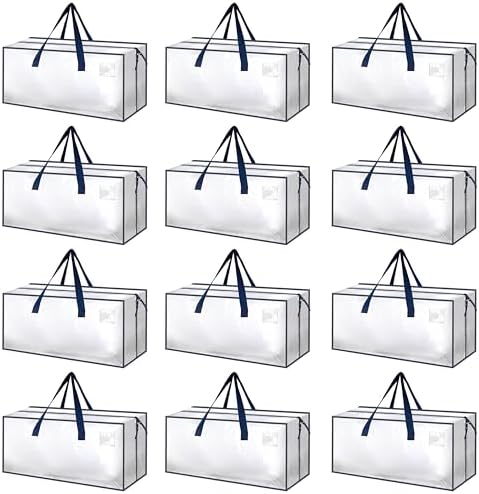 HealSmart 12 Pack Extra Large Moving Bags with Zippers & Carrying Handles, Heavy-Duty Storage Tote Moving Boxes for Dorm Room Essentials Storage Bags, Clear by HealSmart