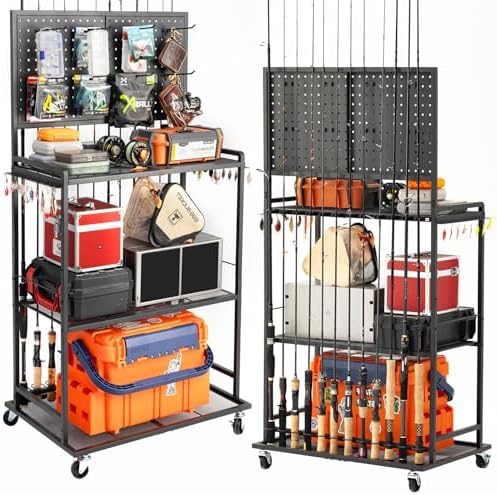 SOYEEZE Fishing Rod Holders for Garage, Fishing Pole Holder Up to 12 Rods with Pegboard and Hooks,Rolling Fishing Cart with Wheels, Fishing Gear Storage For Tackle Box & Reel Organization-4 Side Fence by SOYEEZE