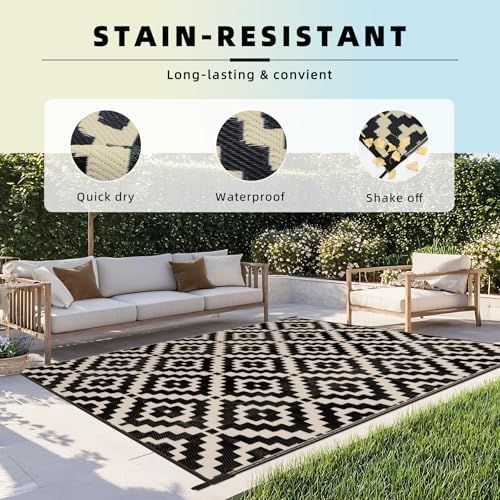 Favoyard Outdoor Rug Black & Beige 8x10 ft Waterproof Reversible Carpet Mat - Image 5