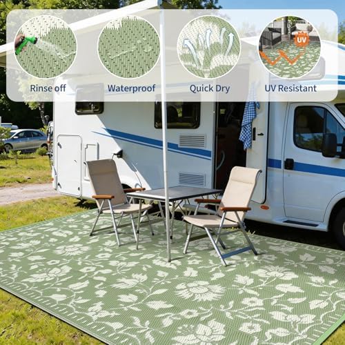 Garvee Floral Outdoor Rug 9x12 Patio Waterproof Plastic Straw Rug, Green - Image 4