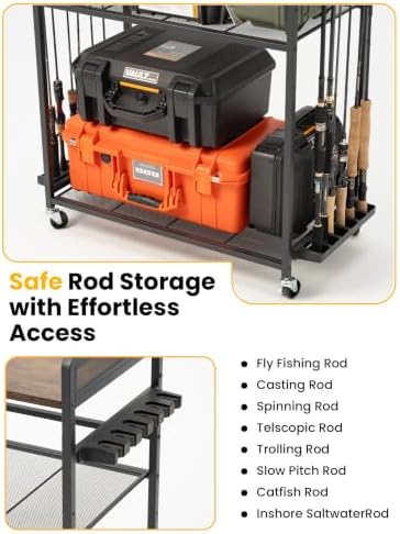 SOYEEZE Fishing Rod Holders for Garage,Fishing Gear Holder for Fishing Rod Tackle Box Storage，Fishing Pole Holders for 12 Rods with Hooks and Pegboard,Fishing Cart with Reel Rack, Large Size - Image 6