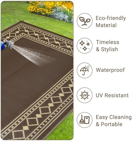 GlowSol 9x12 Outdoor Patio Rug Waterproof Reversible Camping Rug, Lightweight RV Mat for Backyard Deck Porch Balcony Garden Beach Picnic, Stain Resistant Outdoor Area Rug for Home Decor, Brown/Beige - Image 4