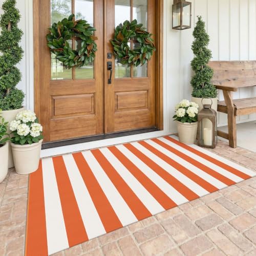 KOZYFLY Striped Rug 4x6 ft Orange and White Halloween Fall Front Door Rugs by KOZYFLY