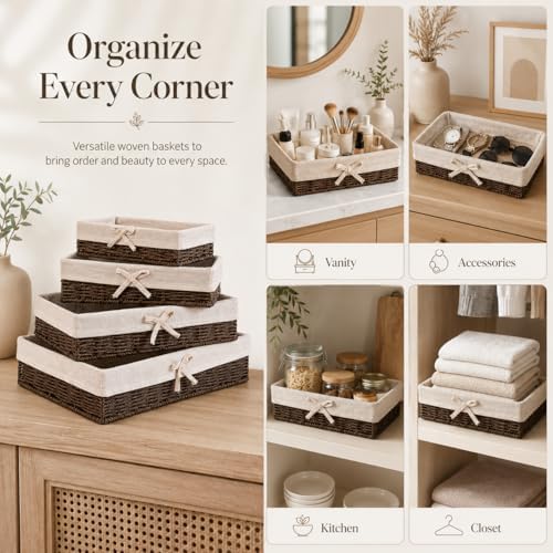 Baskets for Shelves Set of 4, Woven Paper Rope Storage, Brown - Image 3