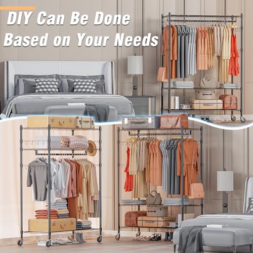 Homdox 3 Tier Heavy Duty Garment Rack with Wheels, Adjustable Wire Clothes Rack with Double Hanging Rods, Portable Closets for Hanging Clothes with Side Hooks, Black - Image 6