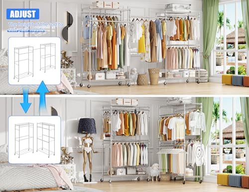 Simple Trending Heavy Duty Clothes Rack Clothing Rack with Wheels and 4 Hanging Rods, Adjustable Rolling Garment Racks, Load 560 LBS, Chrome - Image 3