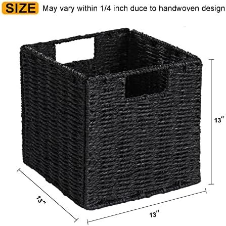 Vagusicc Wicker Storage Baskets, Set of 2 Hand-Woven Foldable Cube Storage Baskets for Shelves with Handles 13 inches + Set of 2 Small Wicker Storage Baskets for Organizing Toilet Shelves,Black - Image 3