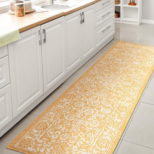 JONATHAN Y Weave Floral Indoor Outdoor Runner Rug 2X10 Yellow/Cream, Tela Bohemian Textured for Backyard, Patio, Porch, Easy-Cleaning, High Traffic, Pet-Friendly, Non-Shedding (SMB100E-210) by JONATHANY