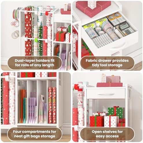 Wrapping Paper Storage Cart, Rolling Gift Wrap Station with Drawer & Hooks - Image 3