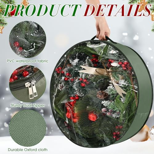 4 Pack Wreath Storage Container, 36 Inch Christmas Wreath Storage Box with Clear Window and Handles Upgrade Oxford Cloth Garland Bags with Dual Zipper for Xmas Wrapping, Green - Image 4