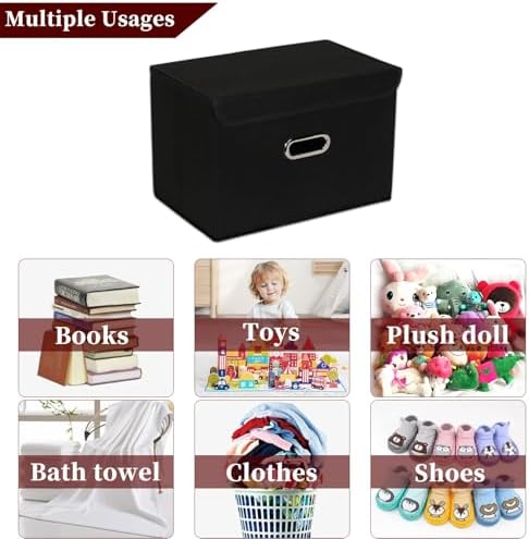 STOREONE Fabric Storage Cube Bins Foldable Organizer Container Collapsible Basket with Lids and Metal Handles, for Home, Bedroom, Closet 8 Pcs (Black) - Image 3
