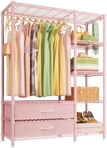 Ulif F3 Heavy Duty Clothes Rack（With Fabric Drawers）Freestanding Clothing Racks for Hanging Clothes，Adjustable Closet Organizer System，Portable Garment Rack 40" W x 15" D x 72" H，Max Load 700LBS，Pink by Ulif