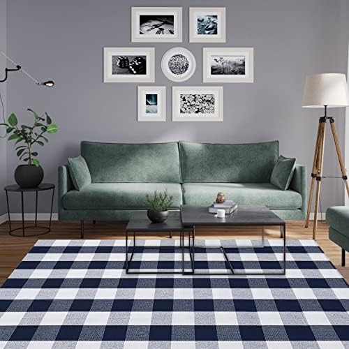 MUBIN Cotton Buffalo Plaid Rug, 4' x 6' Navy Blue White Outdoor Rug Decorative Mat, Washable Large Doormat Hand-Woven Foldable Area Rug for Outdoor Patio Indoor Living Room Dining Room Kitchen - Image 6