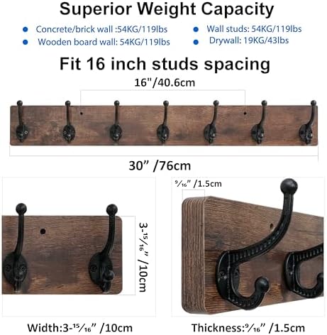 WEBI Rustic Coat Rack Wall Mount,30" Long 7 Cast Iron Coat Hooks Wall Mounted,Heavy Duty Wood Wall Coat Hanger Hooks for Hanging Coats,Jacket,Clothes,Backpack,Farmhouse,Rustic Brown - Image 3