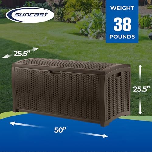 Suncast 99 Gallon Plastic Wicker Deck Box Container Storage for Garden, Garage, Home, Pool, Indoor and Outdoor Use, Mocha (2 Pack) - Image 3