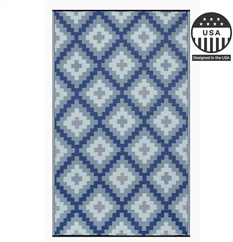 FH Home Outdoor Rug - Waterproof, Fade Resistant, Reversible - Premium Recycled Plastic - Geometric - Patio, Deck, Porch, Balcony, Laundry Room - Aztec Kilim - Blue Multi Crease Free - 5 x 8 ft - Image 4