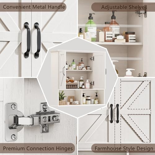 Bathroom Wall Cabinet, Farmhouse Medicine Cabinet with Doors, Rustic White - Image 6