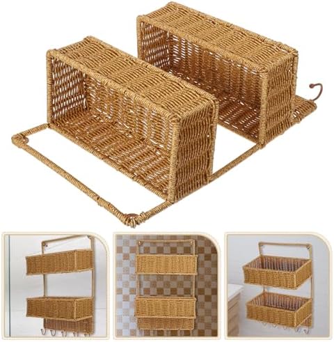 Cabilock Wall-Mounted Storage Rack 2-Tier Woven Basket Hanging Organizer with 5 Hooks for Kitchen Bathroom Entryway Fruit Vegetable Storage 16.73X10.03X5.11 Inches - Image 7