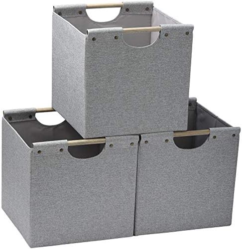 HOONEX Collapsible Storage Bins, 12x12x12in Storage Cubes Linen Fabric, 3 Pack, Storage Baskets with Wooden Carry Handles and Sturdy Heavy Cardboard, for Home, Office, Car, Nursery, Light Grey by HOONEX