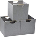 HOONEX Collapsible Storage Bins, 12x12x12in Storage Cubes Linen Fabric, 3 Pack, Storage Baskets with Wooden Carry Handles and Sturdy Heavy Cardboard, for Home, Office, Car, Nursery, Light Grey by HOONEX