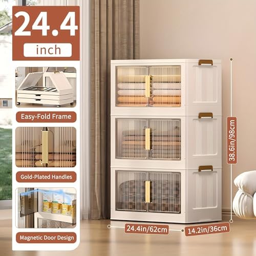 Storage Bins with Lids, 3 Tier 180 QT Stackable Plastic Storage Bins, Foldable Storages Boxes with Magnetic Doors and Wheels for Clothes, Snacks, Books, Folding Containers for Home Office - Image 2