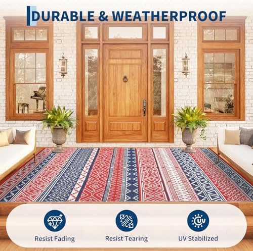 GlowSol Waterproof Outdoor Rug 10x14 Reversible Plastic Straw Patio Camping Rug with Carry Bag, Boho Large Outdoor RV Mat Rugs for Deck,Camper,Porch,Balcony,Backyard,Picnic,Beach,Red/Navy Blue - Image 5