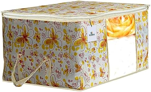 Kuber Industries Foldable Underbed Storage Bag|Organizer For Clothes Large|Non-Woven Comforter, Blanket Cover|Metalic Print & Side Handle|Pack of 12 (Cream) - Image 2