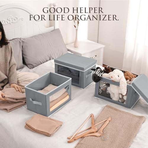 Homsorout Stackable Storage Bins with Lids - Medium Storage Box with Lids, Foldable Closet Boxes for Organizing, Wardrobe Clothes Organizer with Window, Cubes Bins for Living Room, 5 Pack, Grey - Image 2