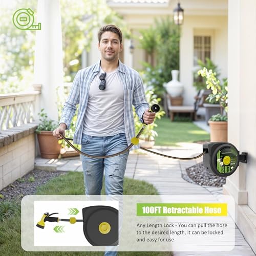 Aokia Retractable Garden Hose Reel, 1/2 in x 100 ft Wall Mounted Heavy Duty Garden Hose Reel with 9 Patterns Nozzle, Any Length Lock, Auto Return System and 180°Swivel Bracket - Image 3
