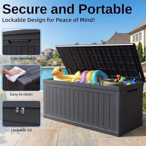 320 Gallon Outdoor Storage Deck Box, Waterproof Resin Deck Boxes with Handle & Lockable for Patio Furniture, Garden & Pool Tools -Swimming Pool, UV Resistant, Black (320) - Image 6