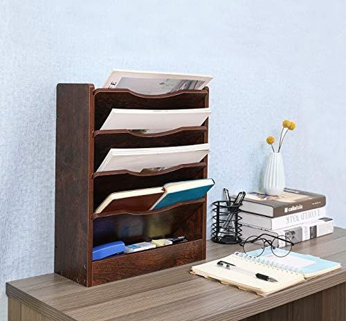PAG-Mass 5-Tier Wall File Holder Hanging Mail Organizer Wood Magazine Literature Rack with 6 Hooks, Brown - Image 5