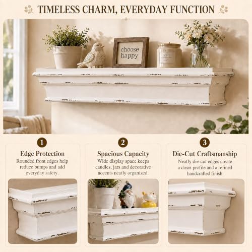 31.5 Inch Distressed White Wall Shelf, Rustic Farmhouse Floating Shelf - Image 3
