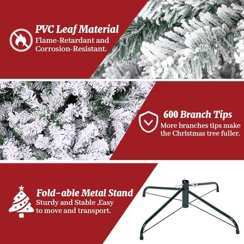 ULICO 5ft Snow Flocked Artificial Christmas Tree,Premium Spruce Xmas Tree with 600 Branch Tips, Fake Christmas Tree with Foldable Metal Base Stand,Home, Office,Party Decoration - Image 2