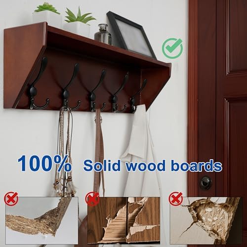 WEBI Coat Rack Wall Mount with Shelf,24" Long Wall Shelf with Hooks Underneath,5 Triple Hooks for Entryway,Hallway,Bedroom,Cherry - Image 3