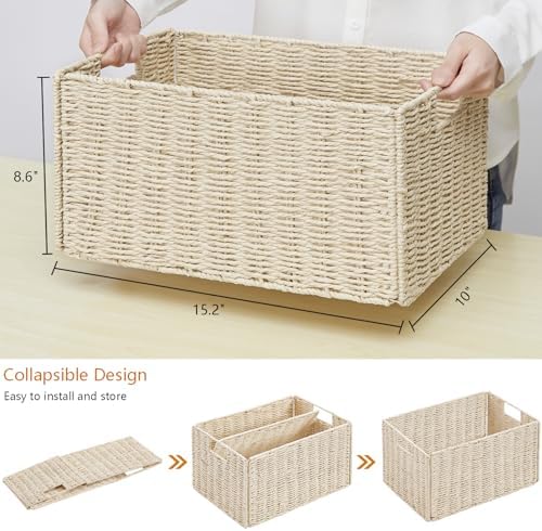 Vagusicc Wicker Storage Basket, Set of 2 Hand-Woven Paper Rope Wicker Basket, Small Storage Baskets for Organizing Toilet Paper Basket, Foldable Large Cube Storage Organizer Bins for Shelves (Beige) - Image 2