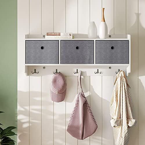 Mondeer Wooden Coat Rack Shelf Wall Mounted with 3 Baskets 5 Hooks White - Image 2