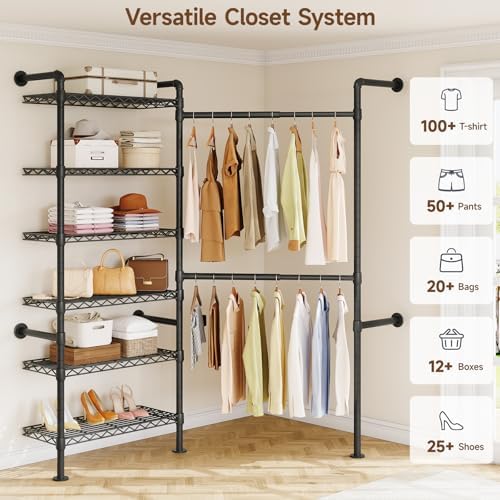ONBRILL L2 Wall Mounted Closet System, Industrial Pipe Clothing Rack, Black - Image 3