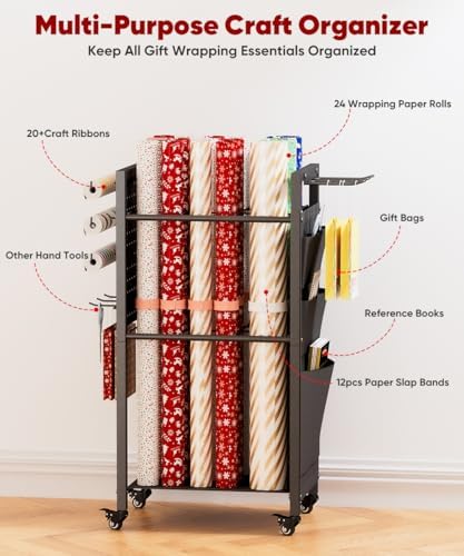 Wrapping Paper Storage Organizer with Wheels & Bag Storage, Black - Image 4