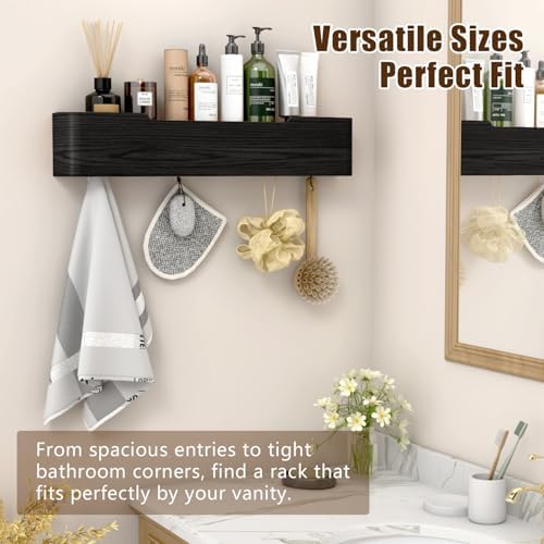 Coat Rack Wall Mount with Hidden Hooks, Wall Hooks with Shelf, Wall Key Holder Mount Wooden Shelf Entryway Hooks for Bedroom Bathroom for Hanging Coats Hats Bags Towels (Black, 4 Hooks) - Image 4